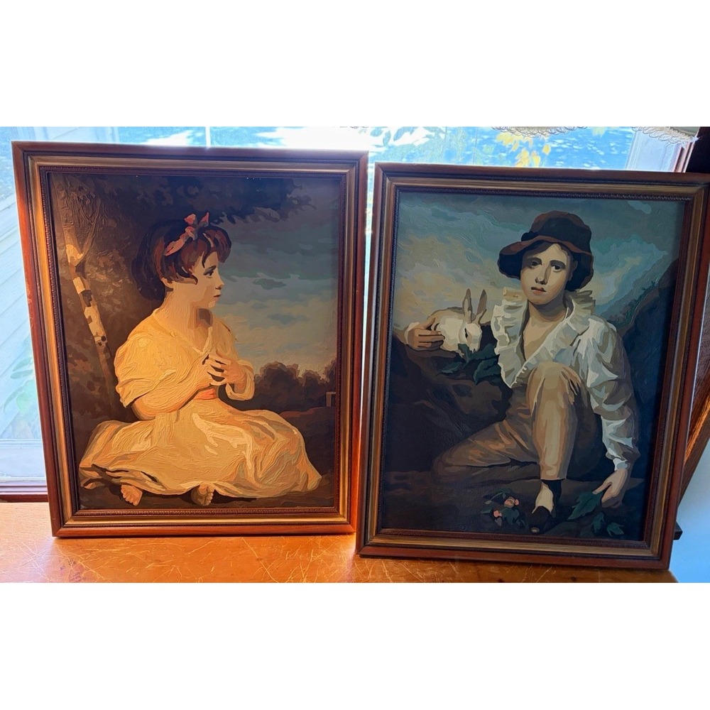 Set of 2 Framed Portrait Paintings Girl & Boy w/ Rabbit Impressionism 24x21